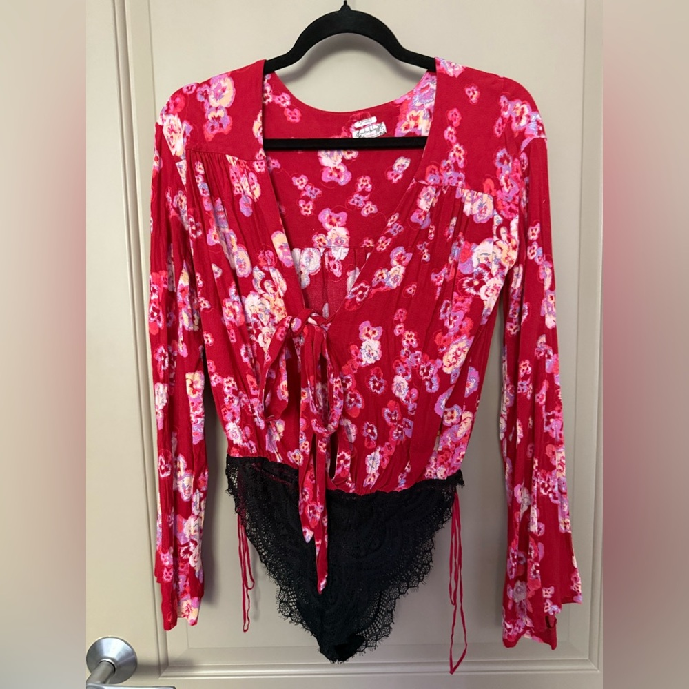 Free People Front Tie Floral Red and Black Bodysuit